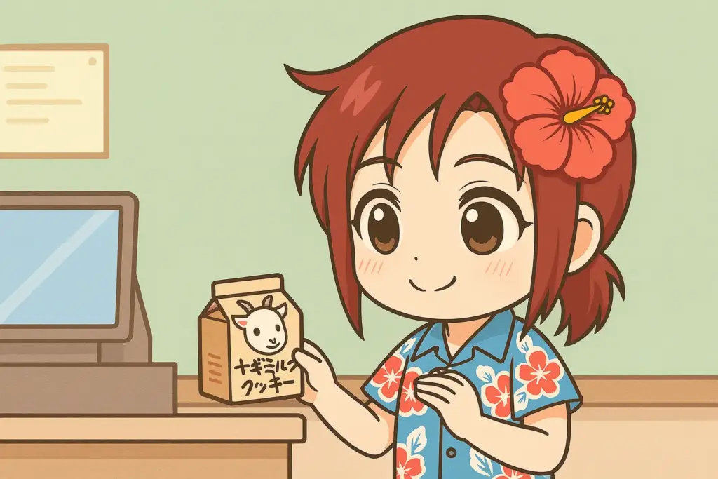 レジでヤギミルククッキーを購入しようとしているうむいちゃんを描いた横長イラスト。アロハシャツとハイビスカスが特徴のキャラクター描写