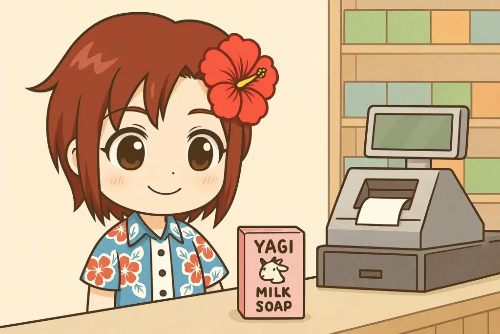 ヤギミルク石鹸を購入するためにレジに立っているうむいちゃんを描いた横長イラスト。アロハシャツとハイビスカスが特徴の沖縄らしいキャラクター描写