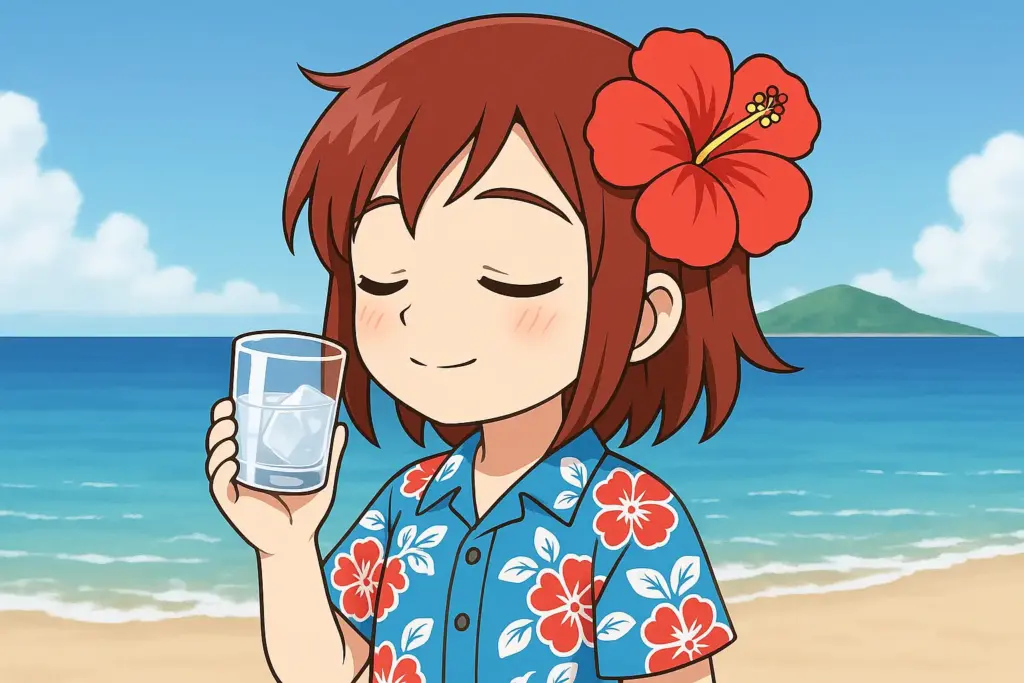 うむいちゃんが海辺で透明な泡盛のロックグラスを手に持ち、島を眺めながら香りを楽しむアニメ風イラスト