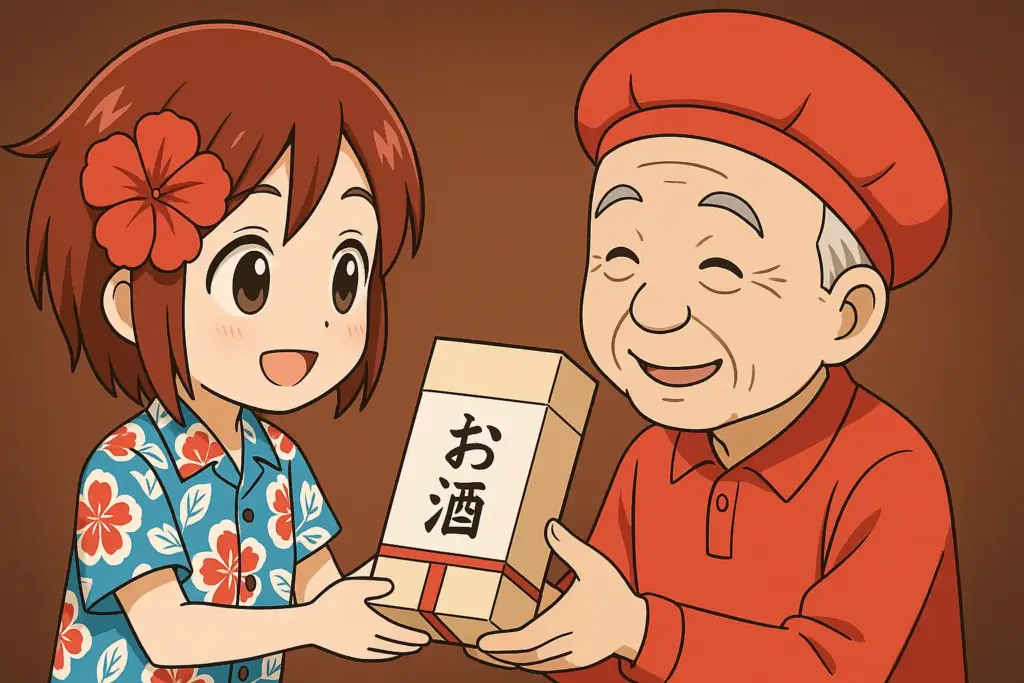 うむいちゃんが還暦を迎えた男性にお酒の贈答箱を手渡すアニメ風イラスト