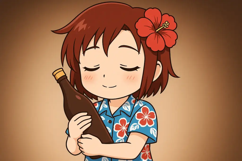 うむいちゃんがお酒のボトルを胸に抱えてお世話になった人を想うアニメ風イラスト