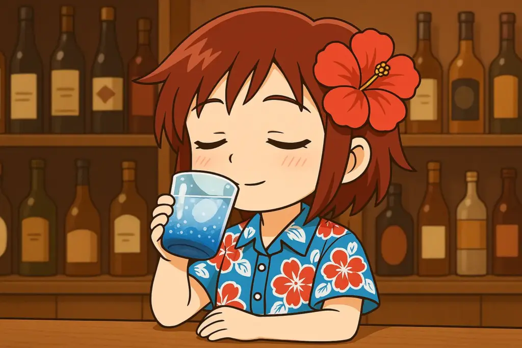 うむいちゃんがバーカウンターで琉球ガラスの透明なお酒を味わうアニメ風イラスト