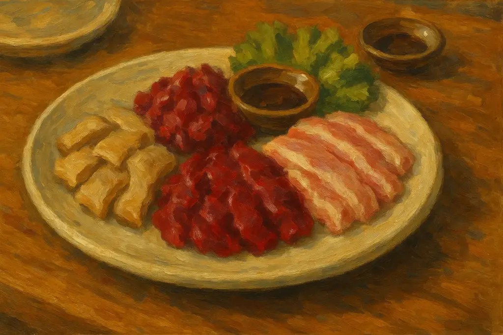 皮・モモ・ロースを盛り合わせたヤギ刺しが机に並ぶ様子を油絵風に描いたイラスト。沖縄の伝統料理である部位別ヤギ刺しの色合いと質感を表現した画像。