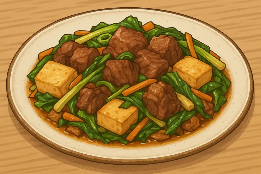 沖縄料理のヤギチーイリチーを精細に描いた横長イラスト。濃い色のヤギ肉、島豆腐、青菜、にんじんが炒められたヤギ特有の風味を感じる一皿