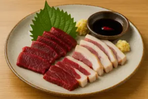 沖縄のヤギ刺し盛り合わせを精細に描いた横長イラスト。赤身、皮付き、脂身の異なる部位が皿に美しく並び、おろし生姜と大葉が添えられている様子