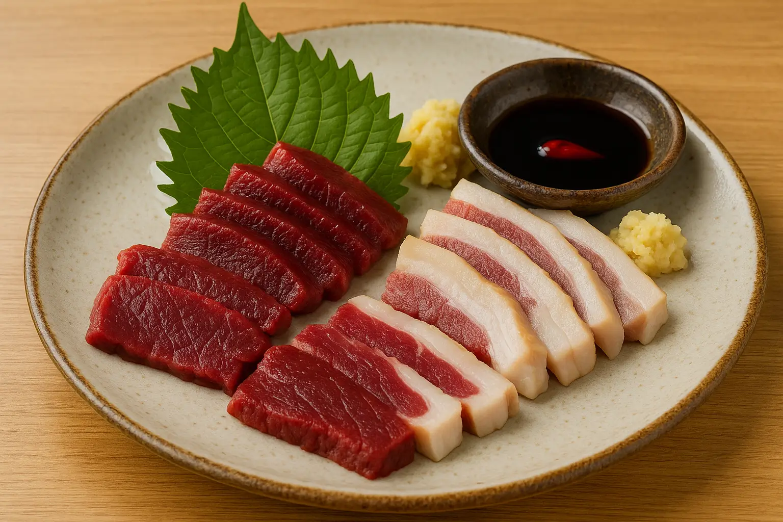 沖縄のヤギ刺し盛り合わせを精細に描いた横長イラスト。赤身、皮付き、脂身の異なる部位が皿に美しく並び、おろし生姜と大葉が添えられている様子