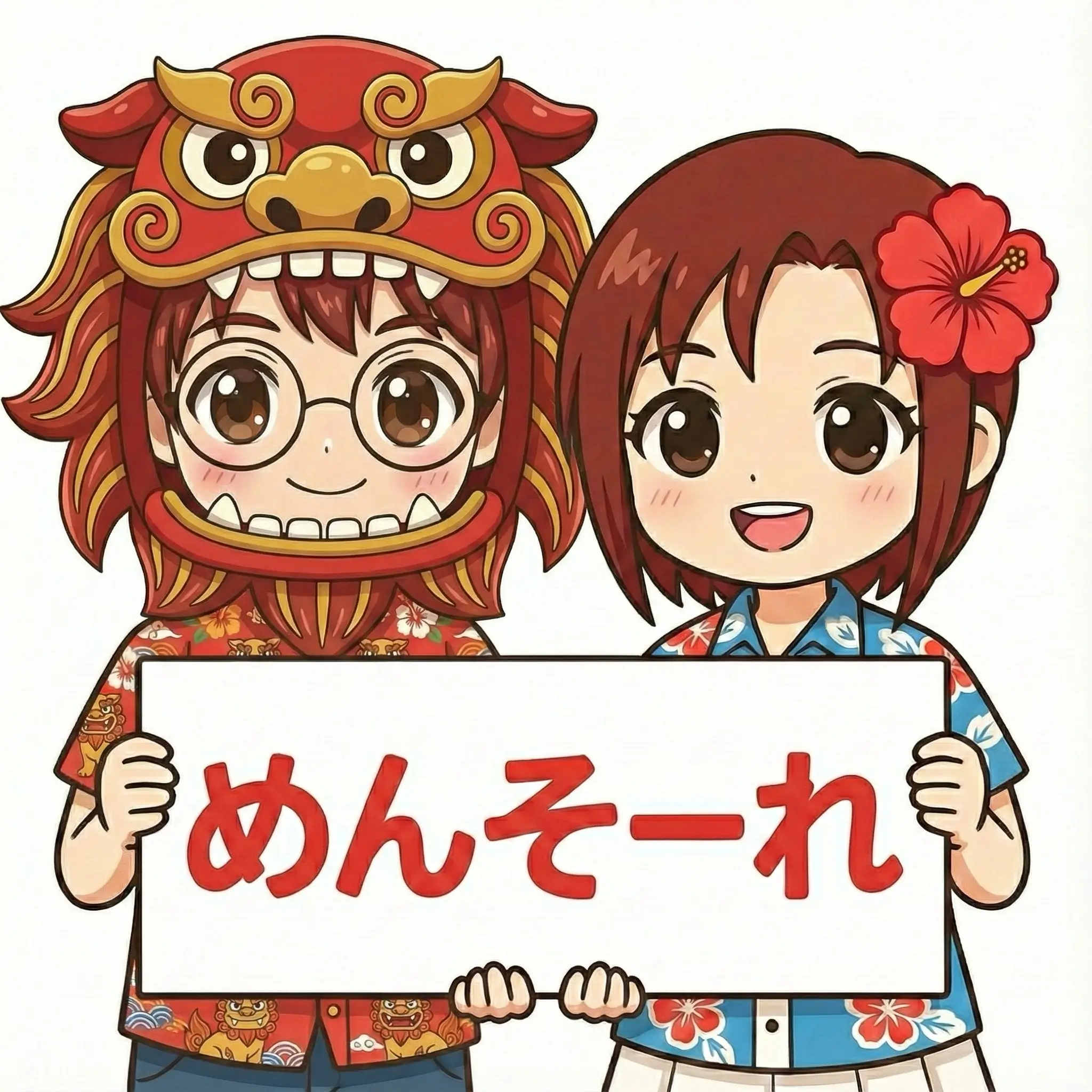 赤いシーサーの被り物と眼鏡をつけた男の子と、ハイビスカスの髪飾りをつけた女の子のちびキャラが、笑顔で『めんそーれ』と書かれた白い看板を持っている沖縄のアニメイラスト。